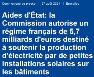 L’Europe autorise la France à accorder 5,7 milliards d’euros d’aides pour des installations solaires sur bâtiments jusqu’à 500 kWc