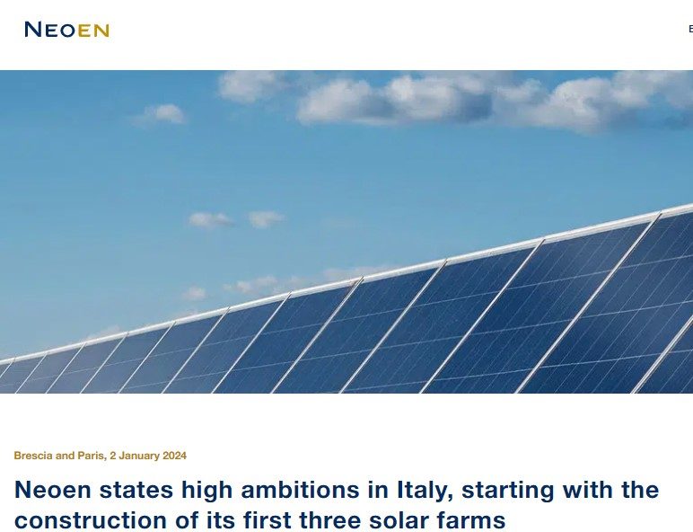 Neoen lance la construction de ses 3 premières centrales solaires en Italie