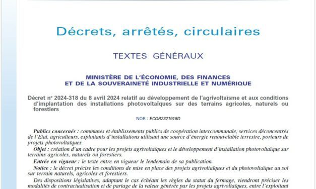 Publication du décret relatif au développement de l’agrivoltaïsme