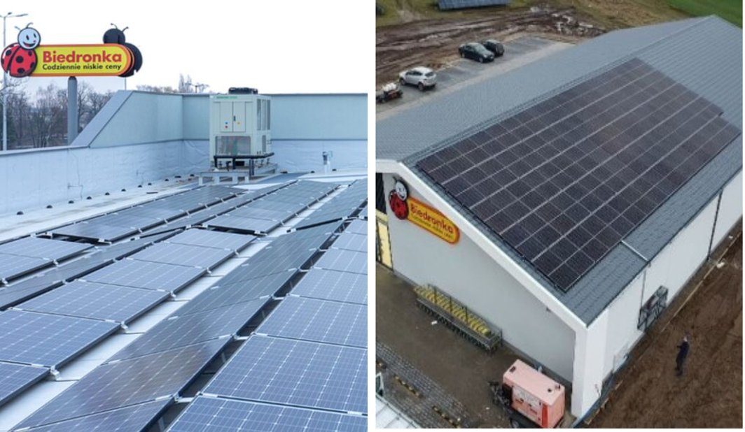 Panneaux solaires sur les toits de magasins Biedronka en Pologne