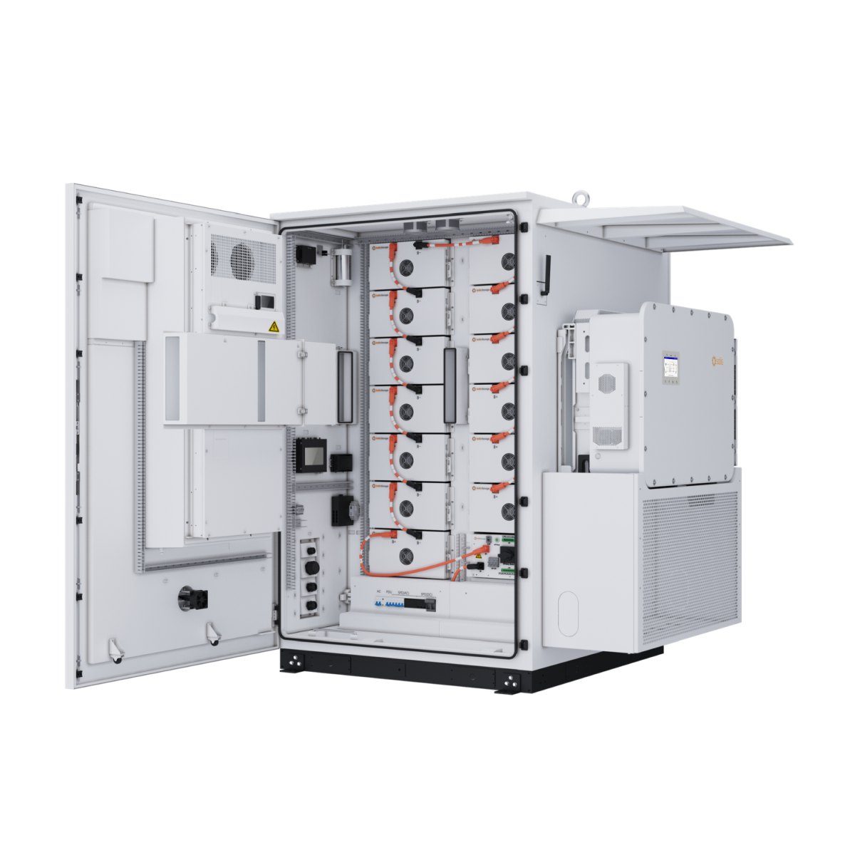 Armoire de stockage d'énergie SolisStorage EverCore ouverte, avec ses modules de batteries