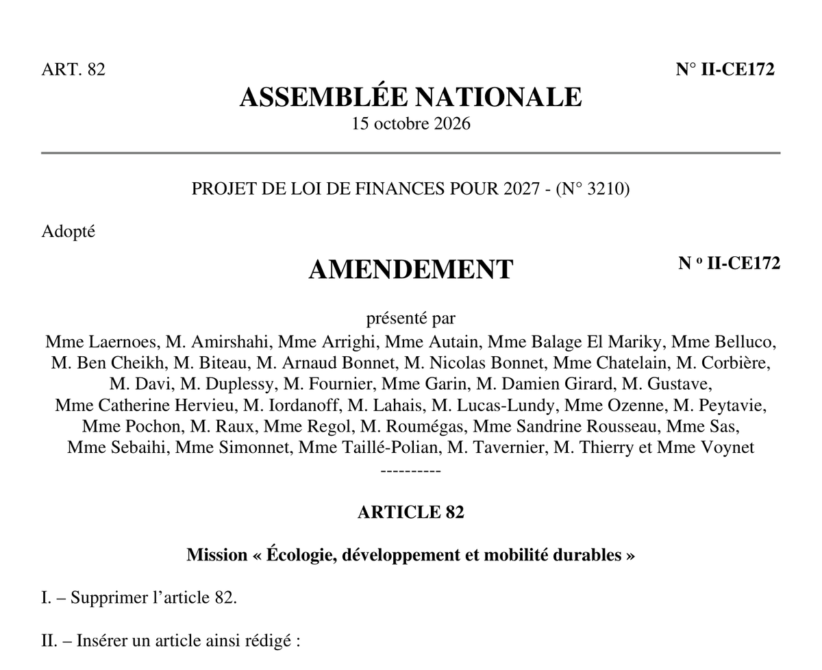 Première page de l'amendement II-CE172 au projet de loi de finances pour 2027, qui supprime l'article 82