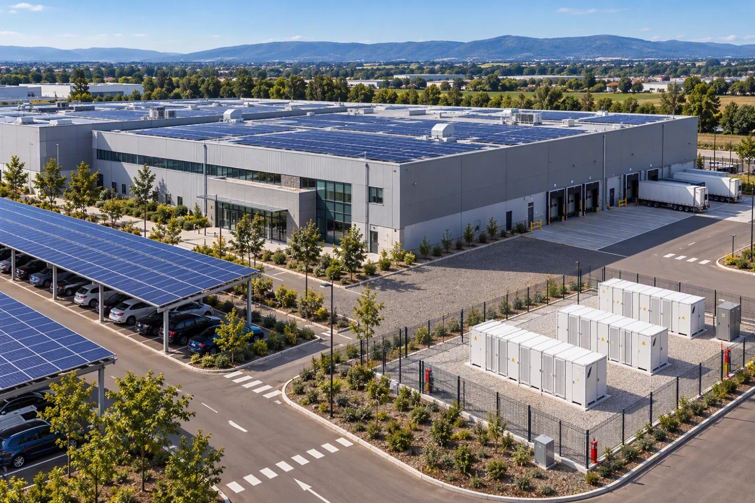 Conteneurs de batteries au pied d'un bâtiment d'activité couvert de panneaux solaires