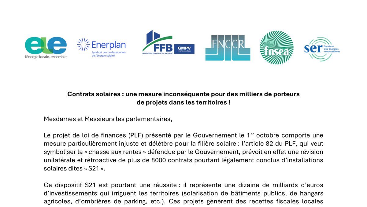 En-tête de la lettre commune des six organisations sur les contrats solaires S21