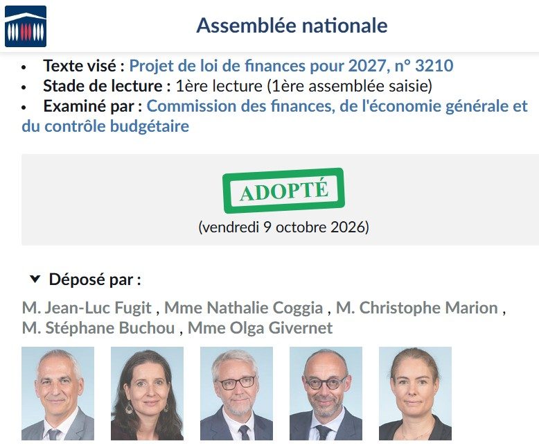Page de l'Assemblée nationale indiquant l'amendement adopté le 9 octobre 2026 et ses cinq députés signataires