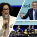Montage de trois captures vidéo du colloque du SER : Emmanuelle Wargon au micro, Jules Nyssen au pupitre, et la tribune présidentielle sur scène